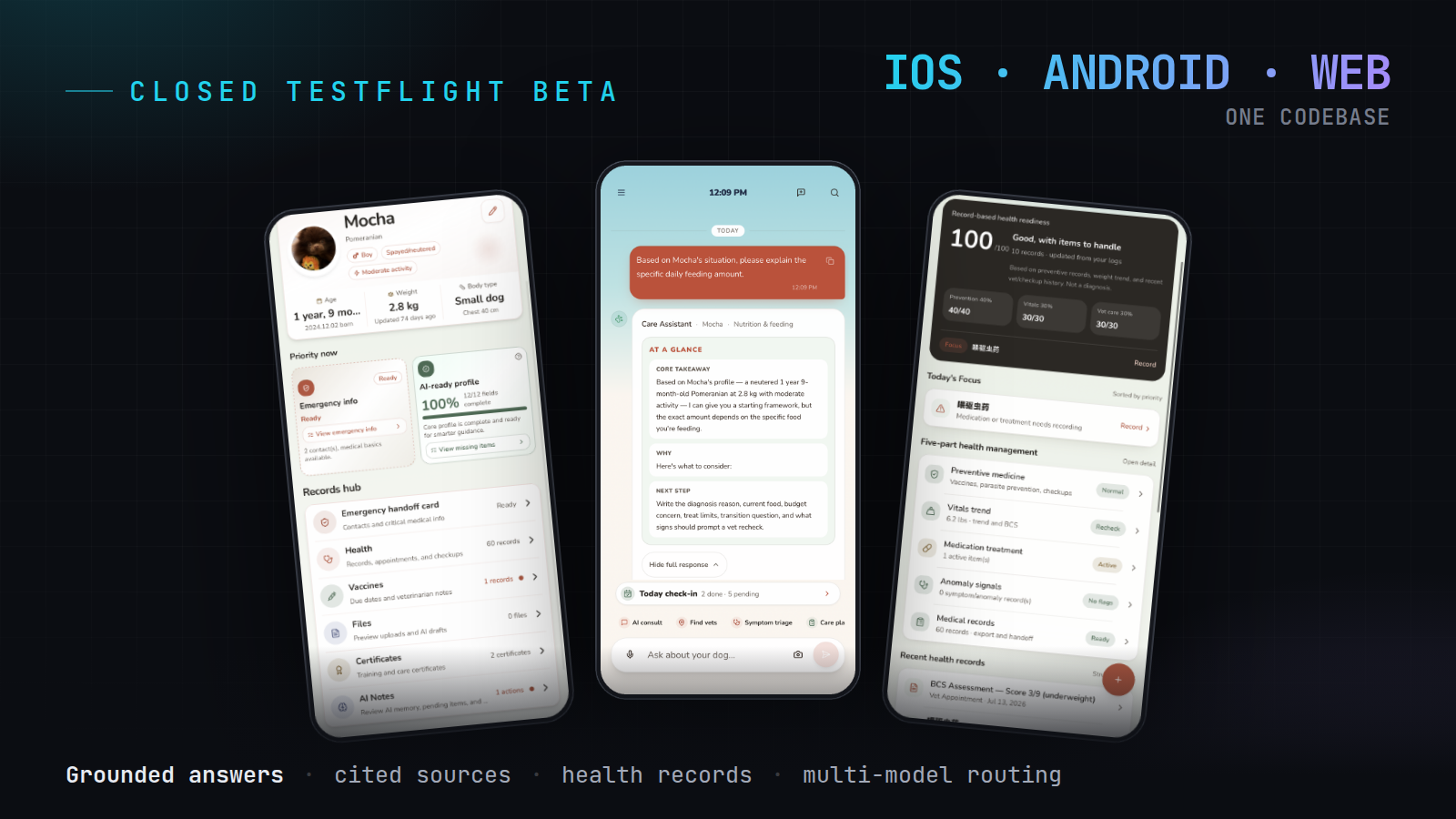 Mo Paws on iPhone: pet profile, a grounded AI answer, and the health readiness screen