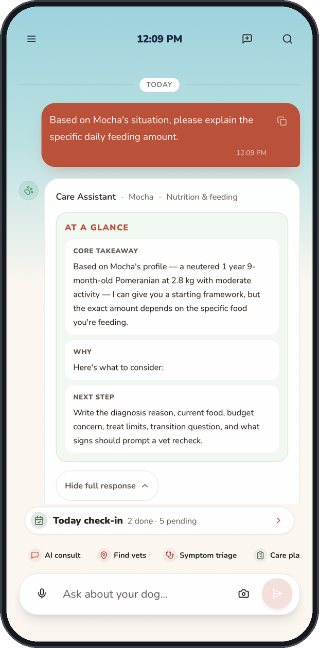 Structured AI response with core takeaway, reasoning and next step