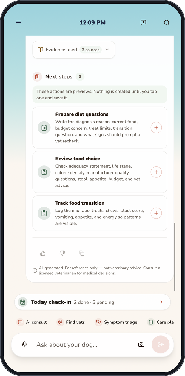 Suggested next steps shown as previews that must be saved explicitly