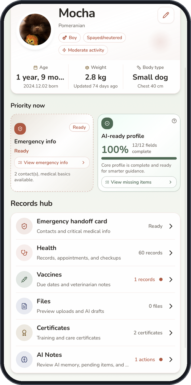 Pet profile and records hub for Mocha